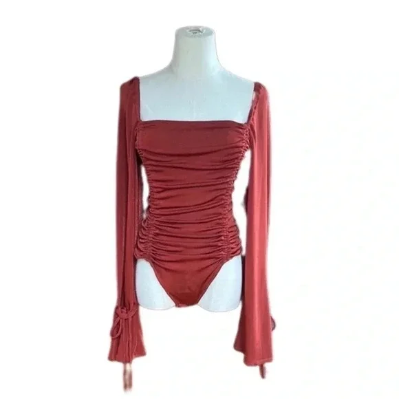 Free People Ruched Long Sleeve Bodysuit Cherry Chai Bottom Snap Closure Small - Picture 6 of 13